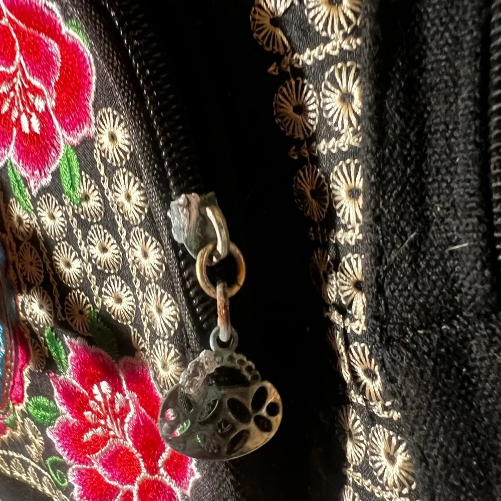 Floral Embroidered Backpack - Black and Red